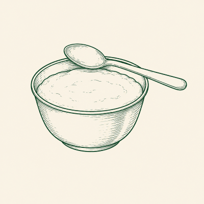 Line drawing of a steel bowl of set curd with a spoon across the rim